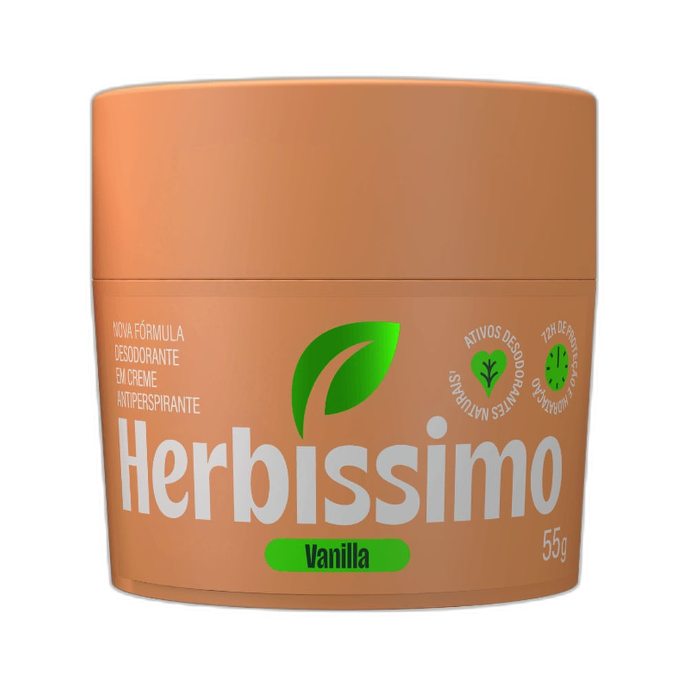 Frontal do desodorante creme Herbíssimo Vanilla em embalagem de 55g, cor pêssego